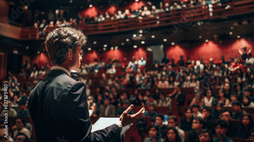 Rear view of a speaker addressing a packed auditorium with attentive listeners