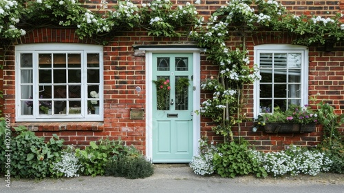 A mint green front door on an old red brick house with white windows and flowers in the foreground  in the English countryside.