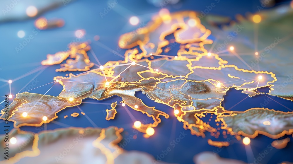 Digital Network Map of Europe with Glowing Connections Digital Network Map of Europe with Glowing Connections