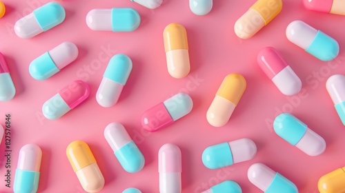A colorful array of pills on a pink background