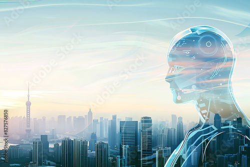 Illustration of android robot looking out to mega city skyline