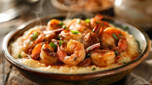 savor the rich flavors of the south a delectable dish of shrimp and grits with a cajun twist exuding a steamy and savory appeal food photography photo