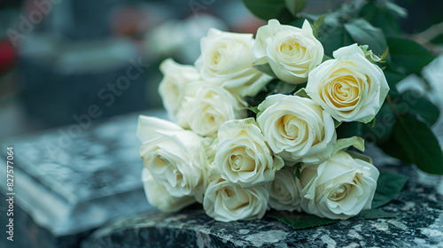 A bouquet of white roses lying on a marble tombstone   generative AI