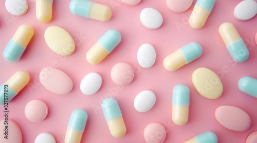 A colorful array of pills on a pink background