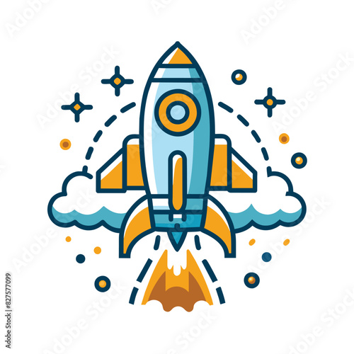 Cartoon rocket taking off with yellow flame and blue clouds