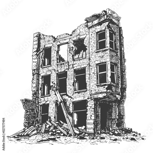 abandoned buildings with engraving style black color only
