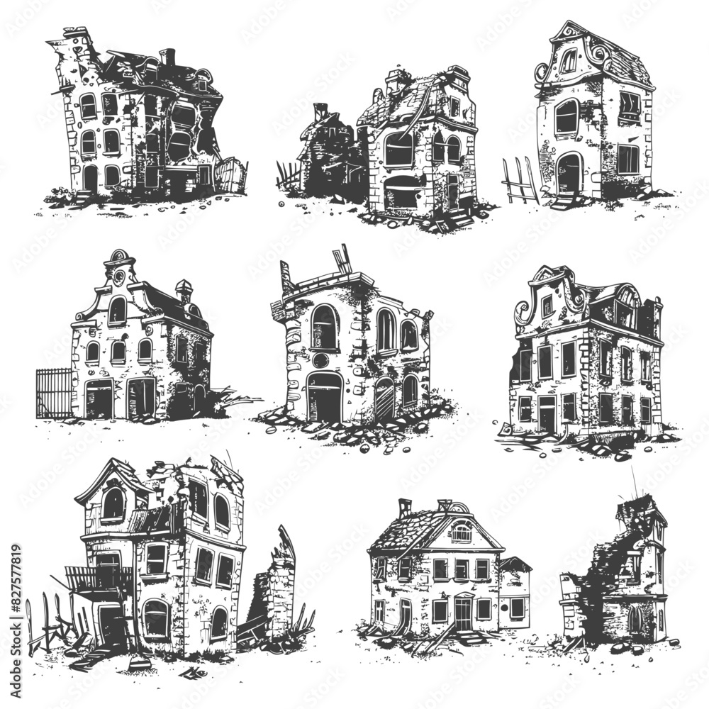 abandoned buildings with old engraving style black color only abandoned buildings with old engraving style black color only