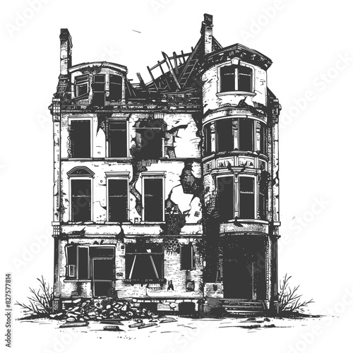 abandoned buildings with old engraving style black color only
