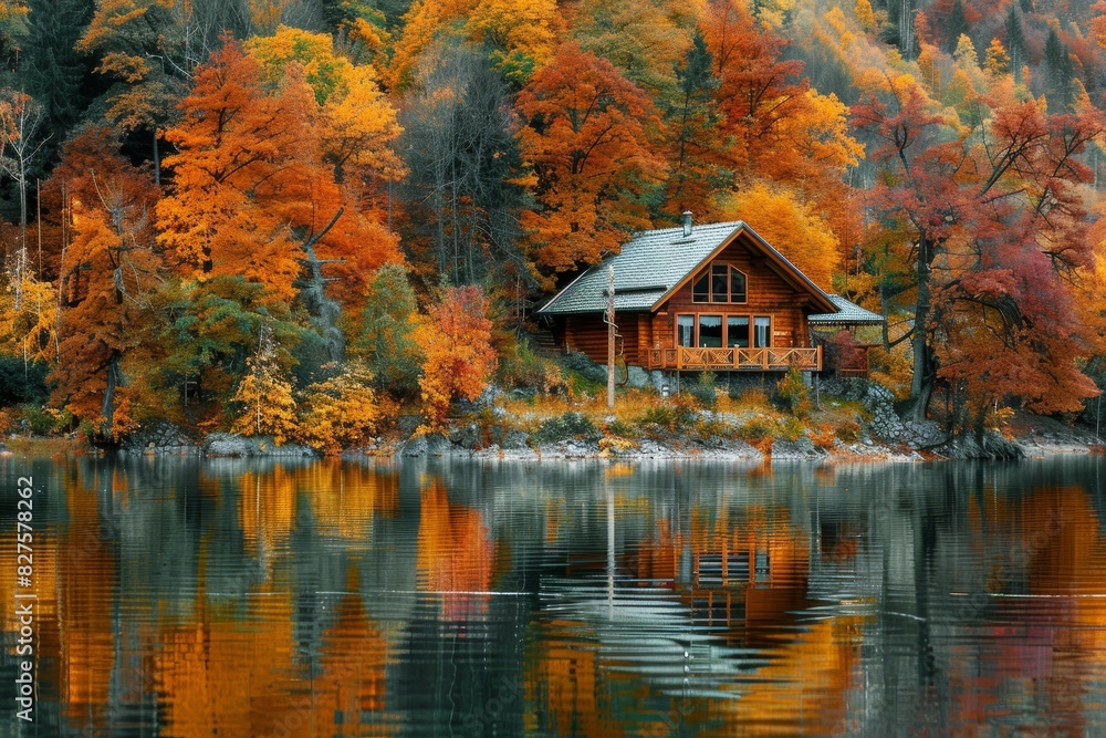 Fototapeta premium A cozy lakeside cabin nestled among autumn trees generated by AI