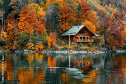 A cozy lakeside cabin nestled among autumn trees generated by AI