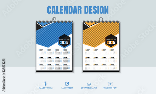 Editable 2025 calendar template featuring the city skyline in blue and orange themes. Vector files with organized layers and free fonts are included. photo