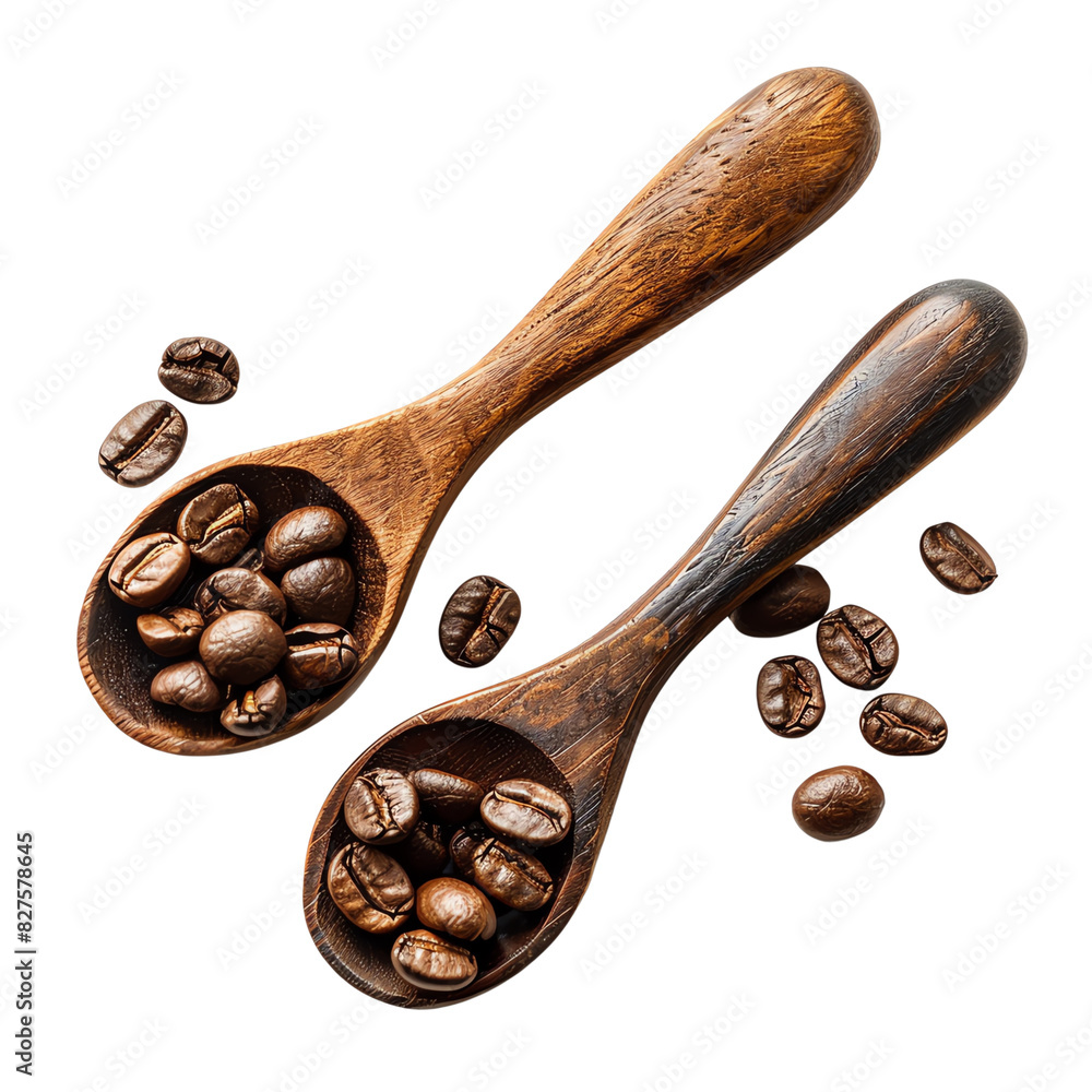 Obraz premium Close-up of wooden spoons filled with coffee beans. Perfect for coffee shops, cafes, and food photography enthusiasts.
