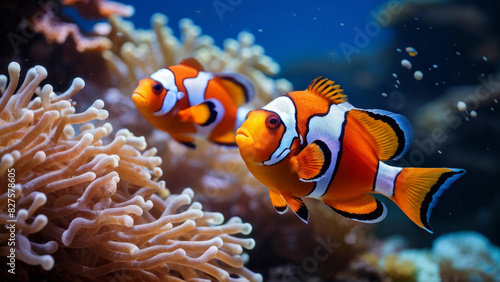 Two clownfish swim next to a sea anemone. They have orange-white-black stripes and are aquatic.