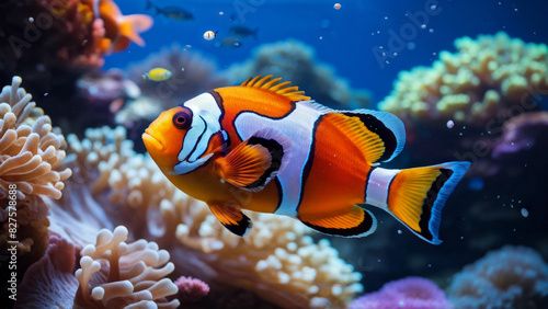 Two clownfish swim next to a sea anemone. They have orange-white-black stripes and are aquatic.