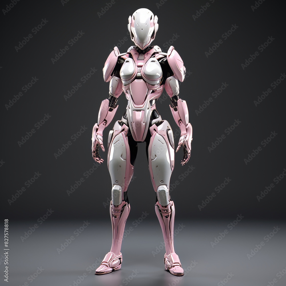 Sleek female robot in pink and white armor showcasing advanced technology and futuristic design against a dark background Sleek female robot in pink and white armor showcasing advanced technology and futuristic design against a dark background