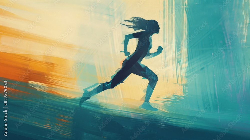 Dynamic illustration of a female silhouette running with a colorful abstract background Dynamic illustration of a female silhouette running with a colorful abstract background