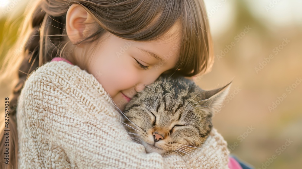 Little Girl Kissing and Hugging Tabby Cat Little Girl Kissing and Hugging Tabby Cat