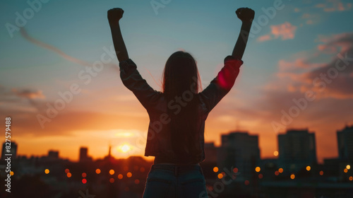 Triumphant woman silhouette with arms raised against a stunning sunset background
