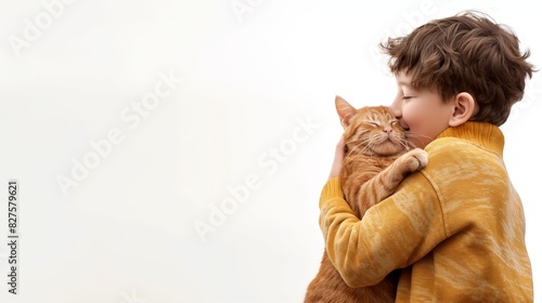 Little boy Kissing and Hugging Tabby Cat