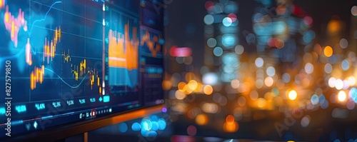 Stock market data on a screen with a blurred cityscape background, representing financial analysis and urban business environment.