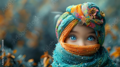 A young girl in colorful attire with blue eyes wrapped in a scarf, amidst a whimsical outdoor setting with soft, blurred background.