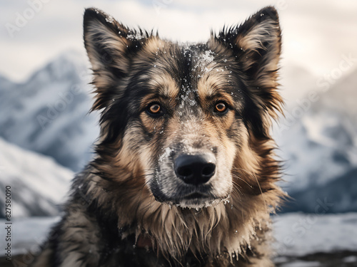 Snowy landscape hosts AI-generated portrait of majestic purebred dog photo