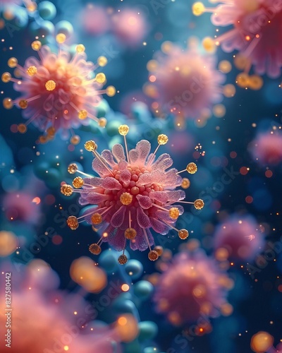 Close-up view of microscopic virus particles floating in a vibrant blue background, highlighting intricate details and vivid colors.