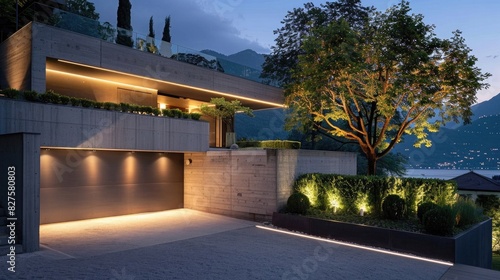 A modern house with concrete walls and a garage  illuminated at night