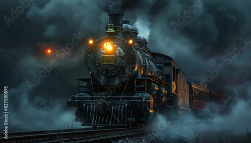 A steam train is traveling down a track with smoke coming out of the engine by AI generated image