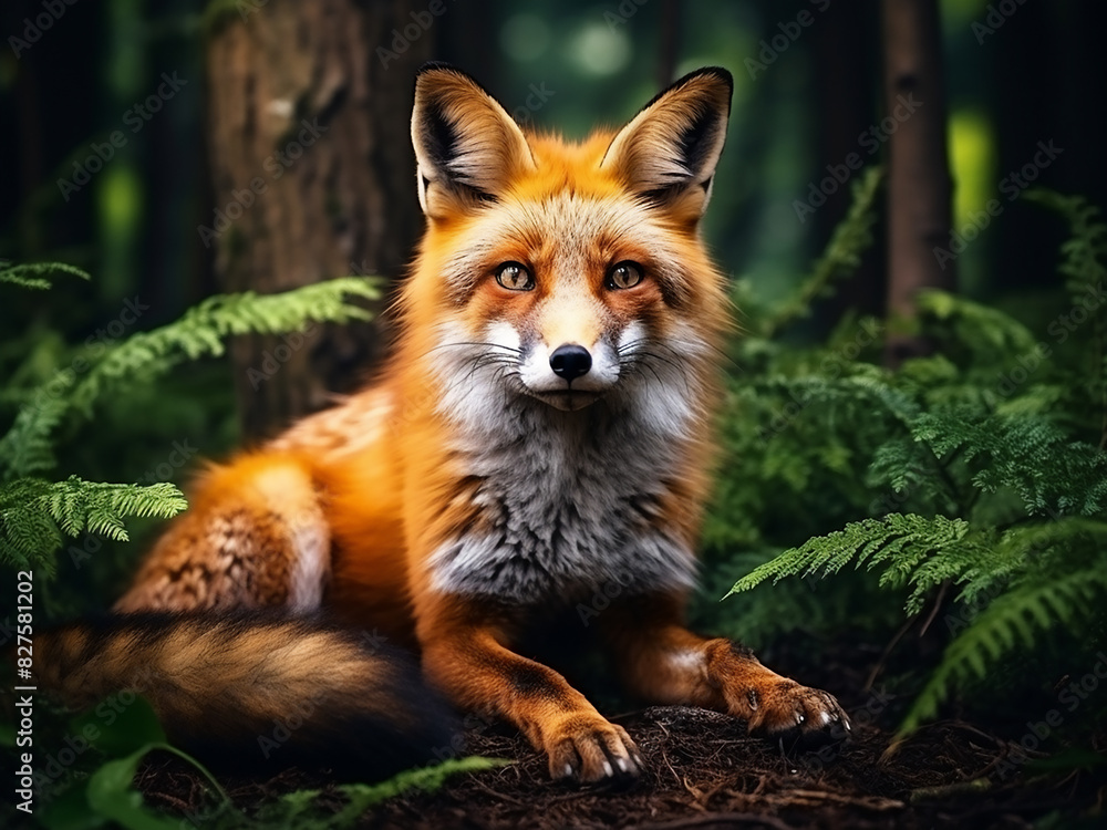 Fototapeta premium Vulpes vulpes, the red fox, stares back from the forest