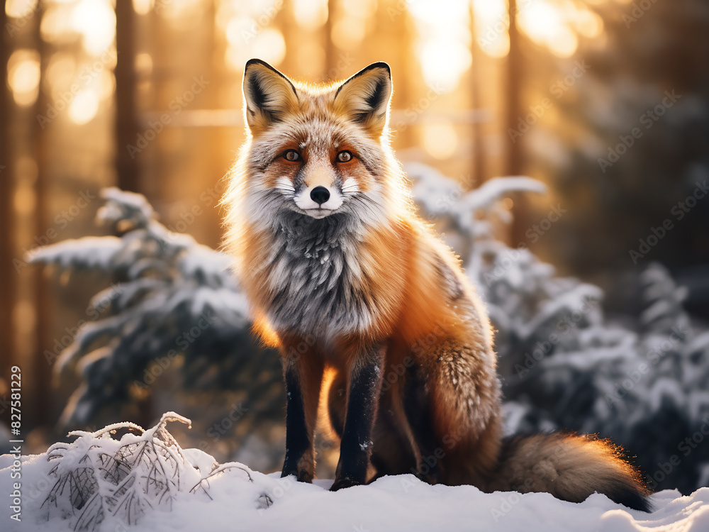Fototapeta premium Sunset paints the winter forest backdrop for a red fox