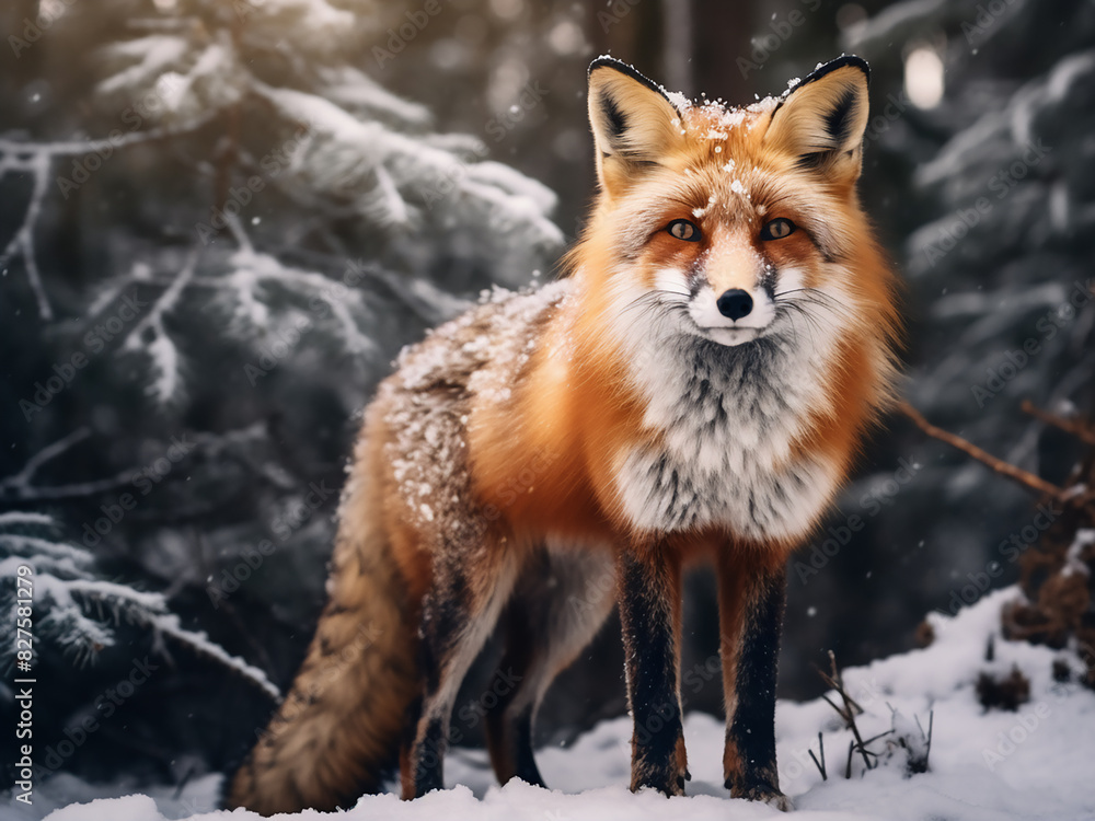 Obraz premium Amidst winter foliage, a stunning red fox roams