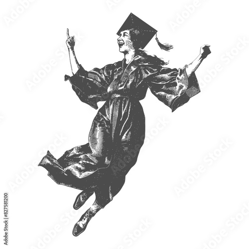 academic woman celebrating graduation with old engraving style black color only