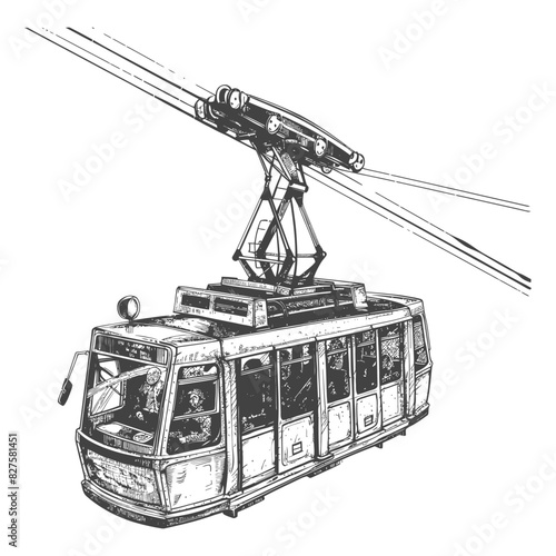 Aerial tramway with engraving style black color only