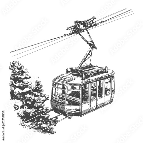Aerial tramway with engraving style black color only