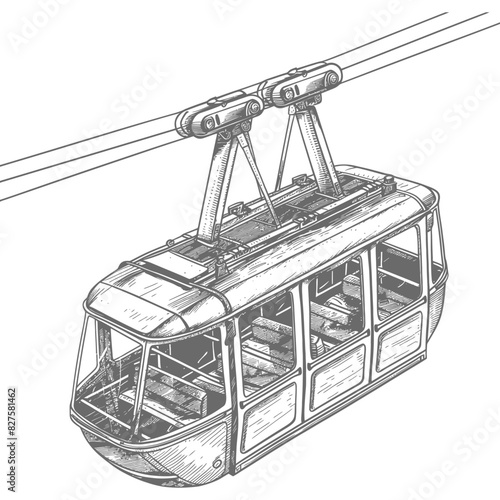 Aerial tramway with engraving style black color only