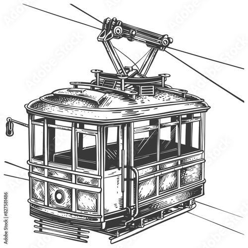 Aerial tramway with engraving style black color only