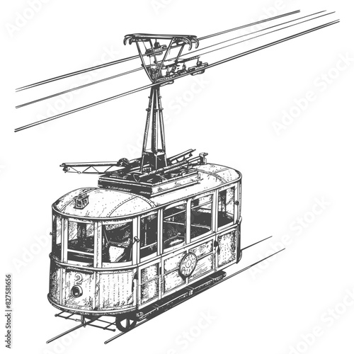 Aerial tramway with old engraving style black color only