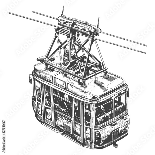 Aerial tramway with old engraving style black color only