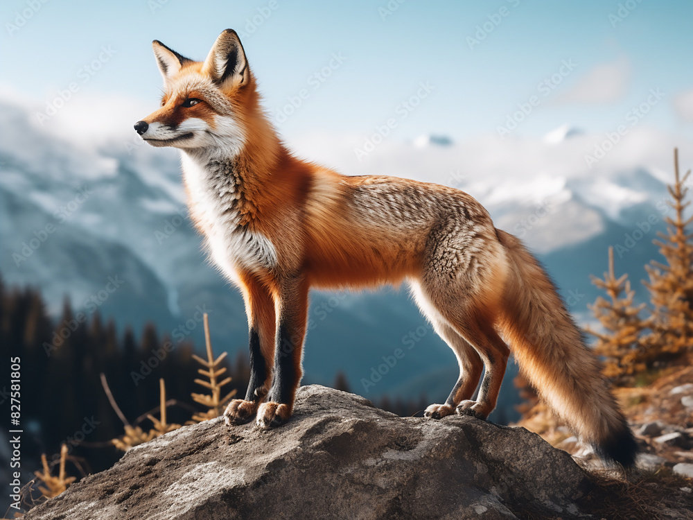 Fototapeta premium On a mountain cliff, a russet fox gazes into the distant expanse, pondering