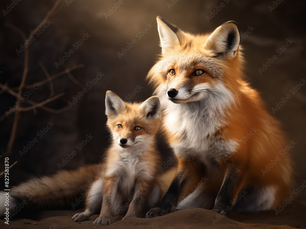 In the company of its young, a Vulpes vulpes adult fox is spotted in its natural environment