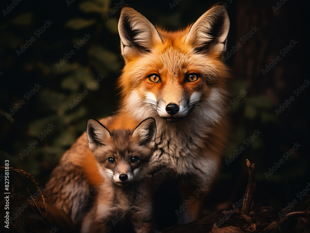 Within the natural habitat, a Vulpes vulpes adult fox stands alongside its offspring Within the natural habitat, a Vulpes vulpes adult fox stands alongside its offspring