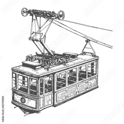 Aerial tramway with old engraving style black color only