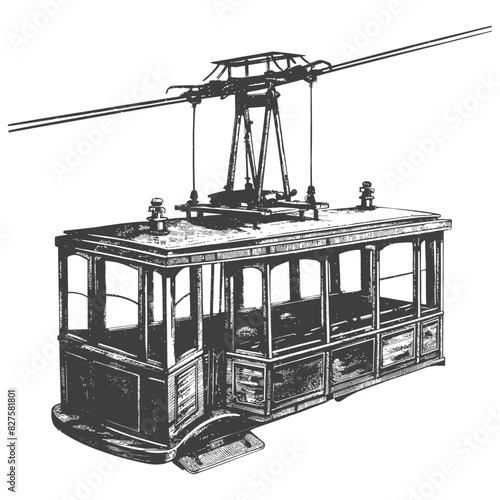 Aerial tramway with old engraving style black color only