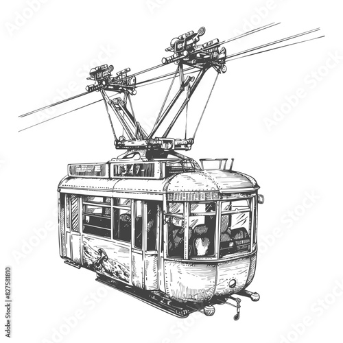 Aerial tramway with old engraving style black color only