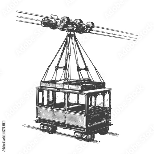 Aerial tramway with old engraving style black color only