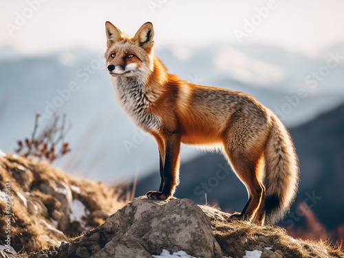 Atop a rocky precipice, a red fox stands majestically, its gaze fixed on the horizon © Llama-World-studio