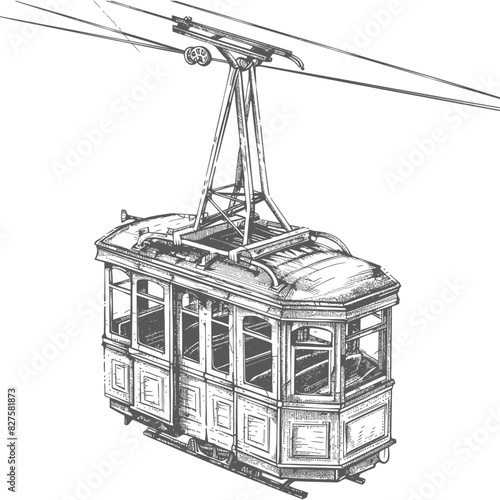 Aerial tramway with old engraving style black color only