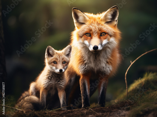 A mature red fox  known scientifically as Vulpes vulpes  is seen with its young ones