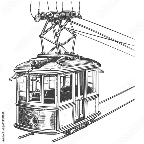 Aerial tramway with old engraving style black color only